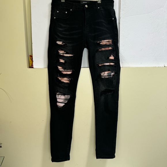 Amiri Thrasher Jean Aged Black Jeans Distressed Leather Trim Zip Pant Logo 29 30 - Picture 2 of 16